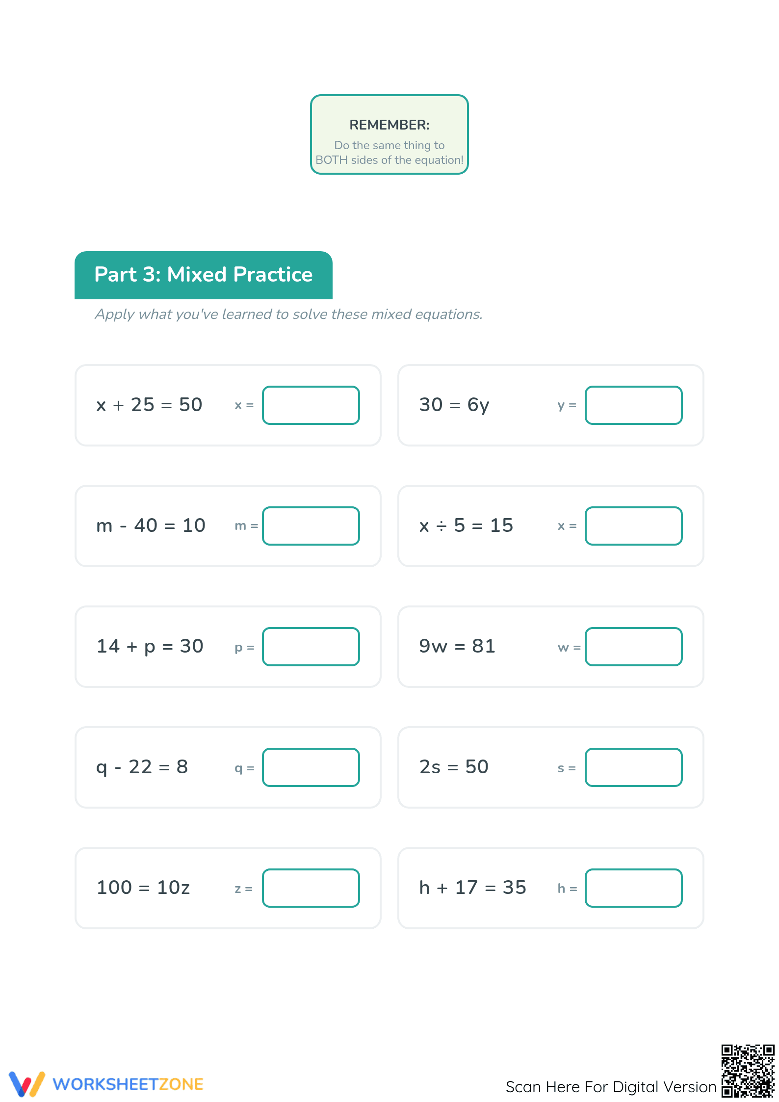 Printable One-Step Equations Worksheet | Grade 6 Math - Page 3
