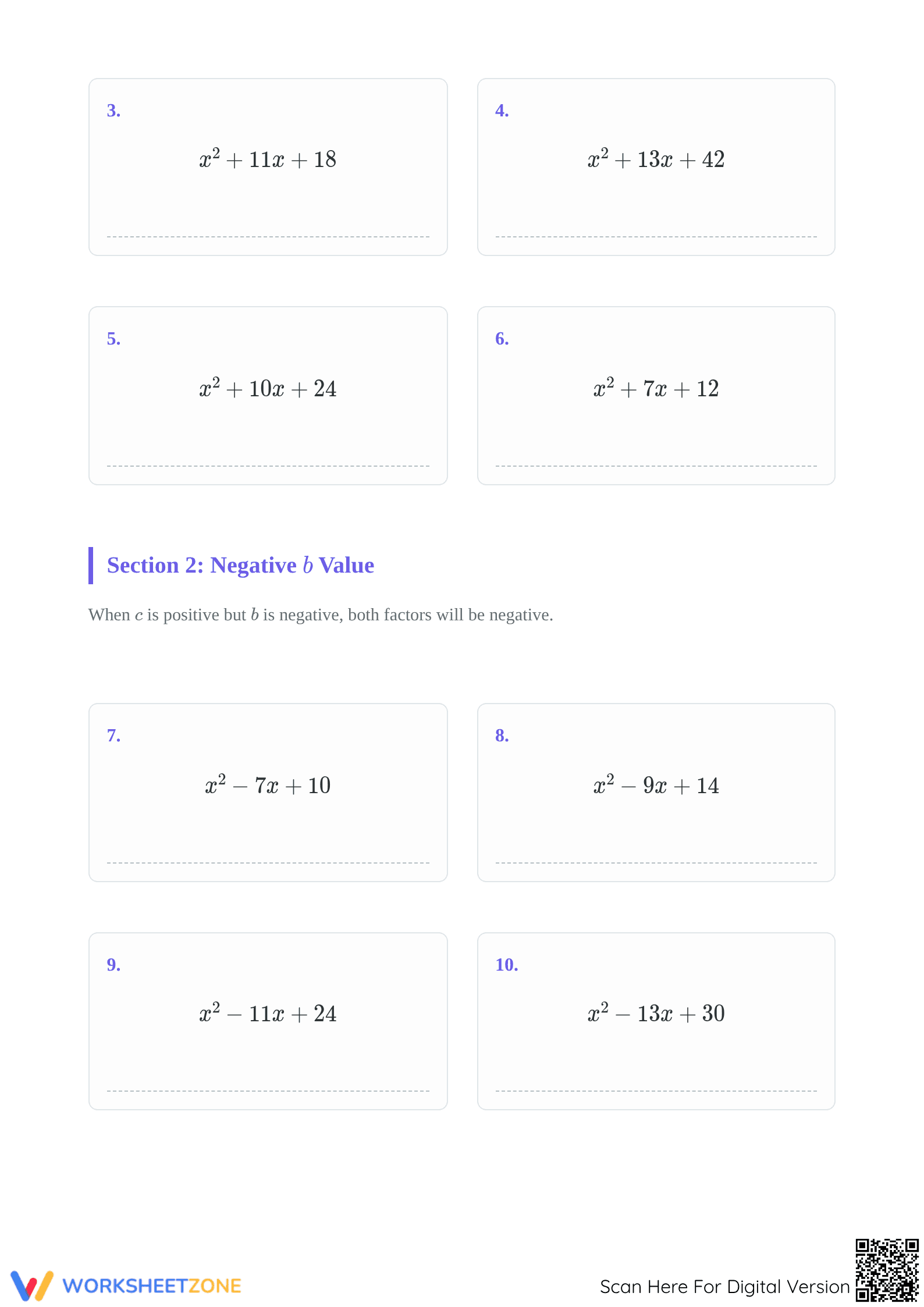 Factoring Trinomials Worksheet | Grade 9 Printable Math - Page 2