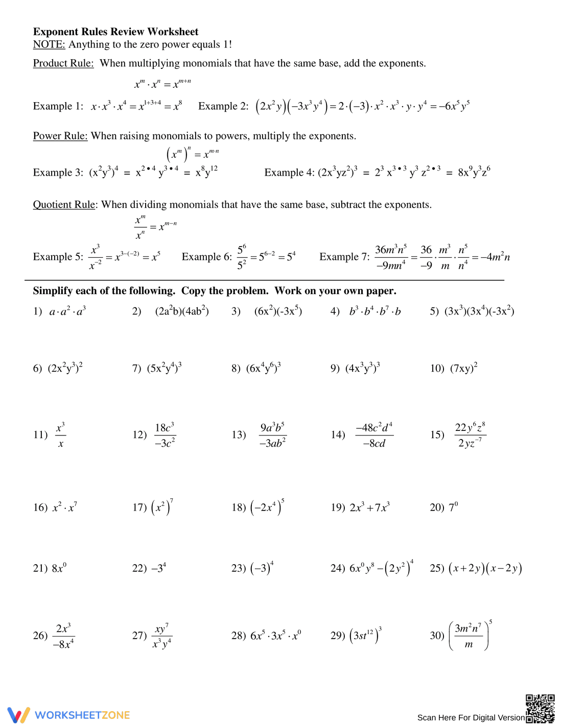 Exponent Rules: Review and Practice Worksheet - Page 2