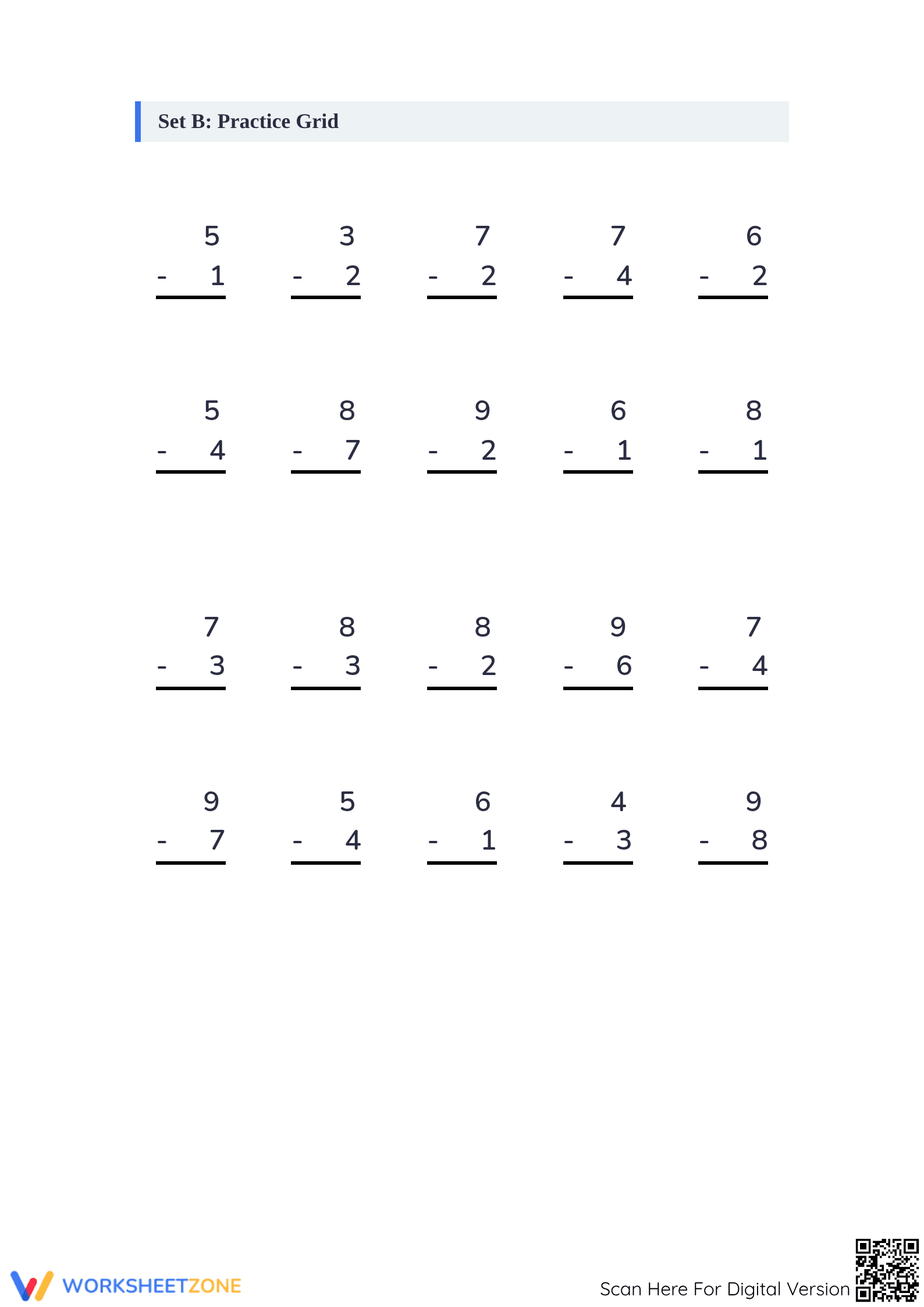 Essential 1-Digit Subtraction Printable Worksheet Set - Page 2