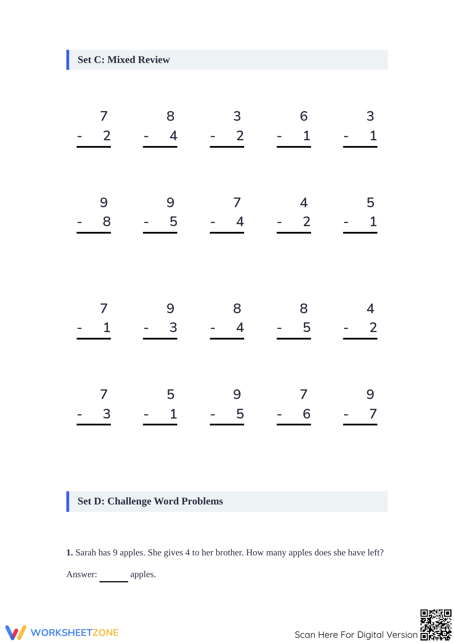 Essential 1-Digit Subtraction Printable Worksheet Set - Page 3
