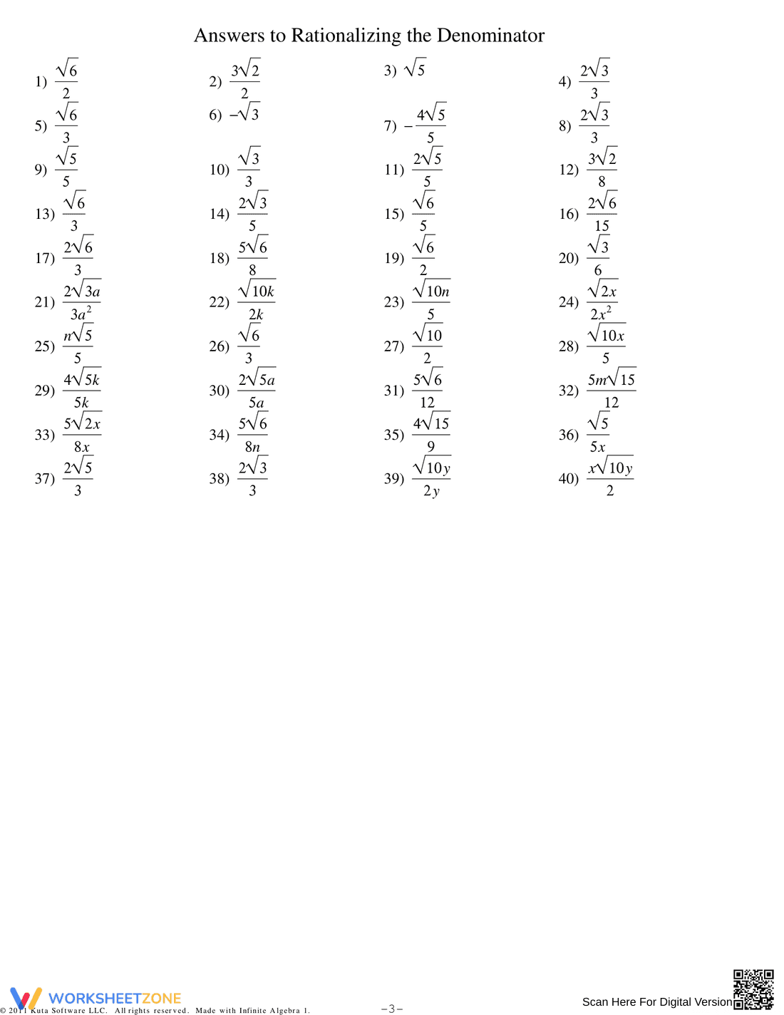 Rationalizing the Denominator Worksheet - Page 3
