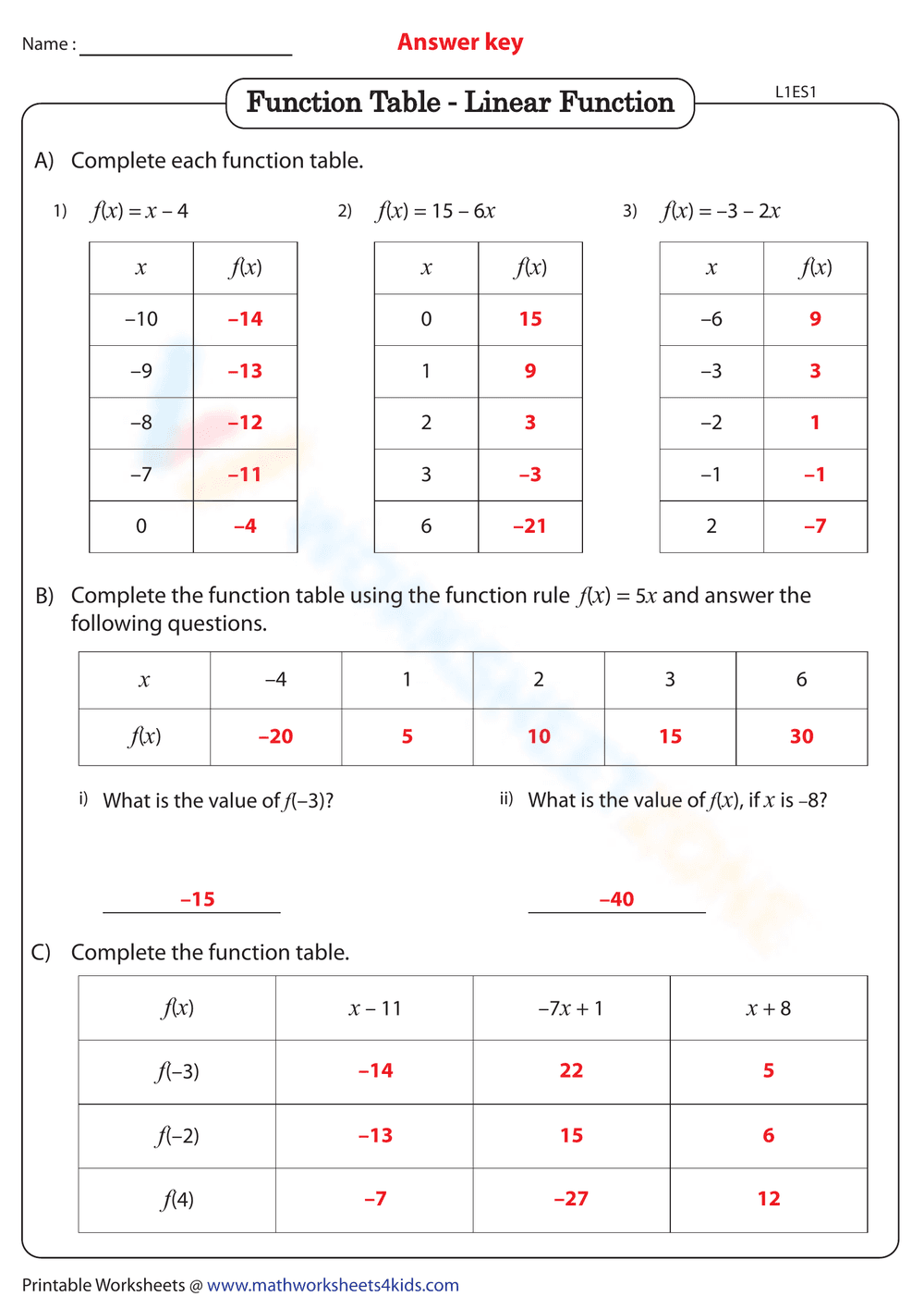 Linear Function Table: Worksheet Practice - Page 2