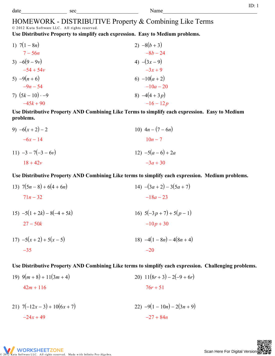 Distributive Property and Combining Terms - Page 2