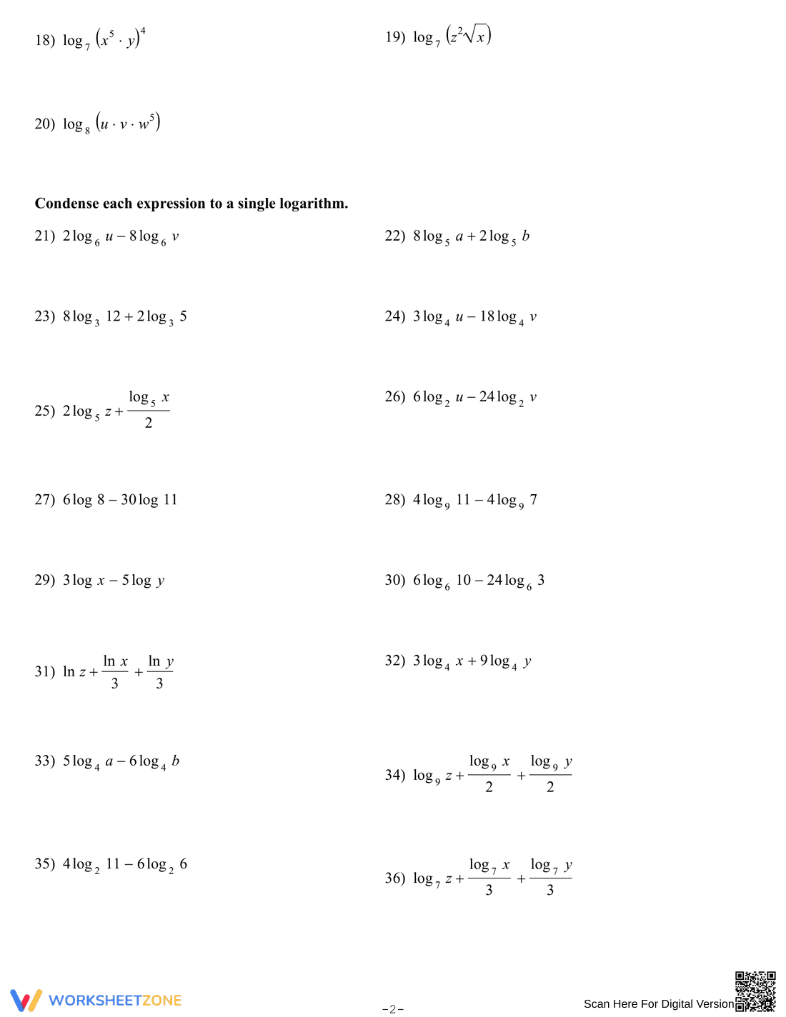Logarithms: Expand, Condense, Solve - Page 2