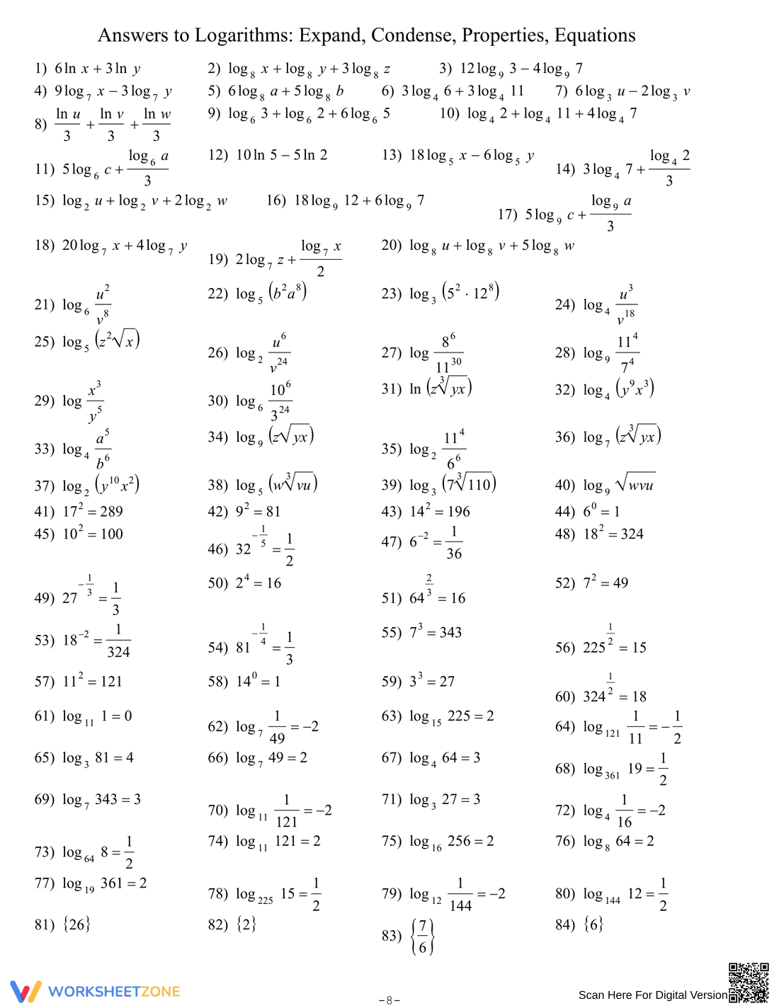 Logarithms: Expand, Condense, Solve - Page 8