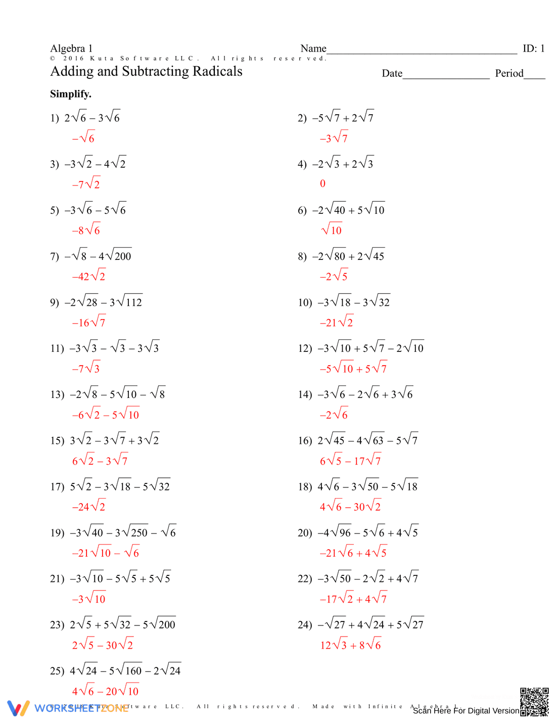 Adding and Subtracting Radicals Practice Worksheet - Page 2