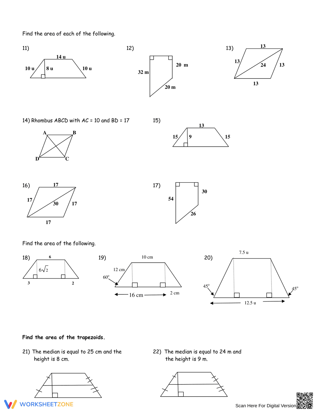 Calculate Area of Trapezoids, Rhombuses, and Kites - Page 2