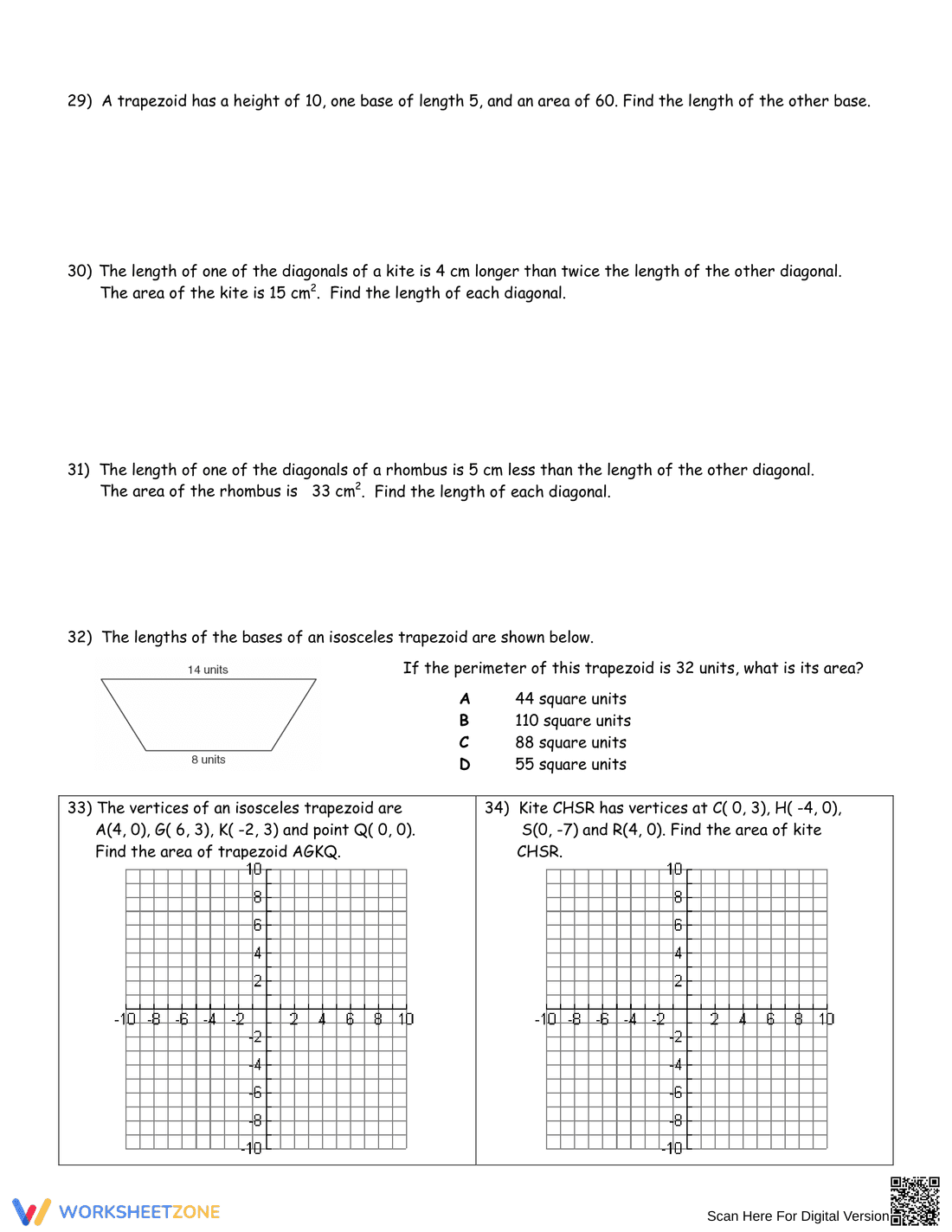 Calculate Area of Trapezoids, Rhombuses, and Kites - Page 4