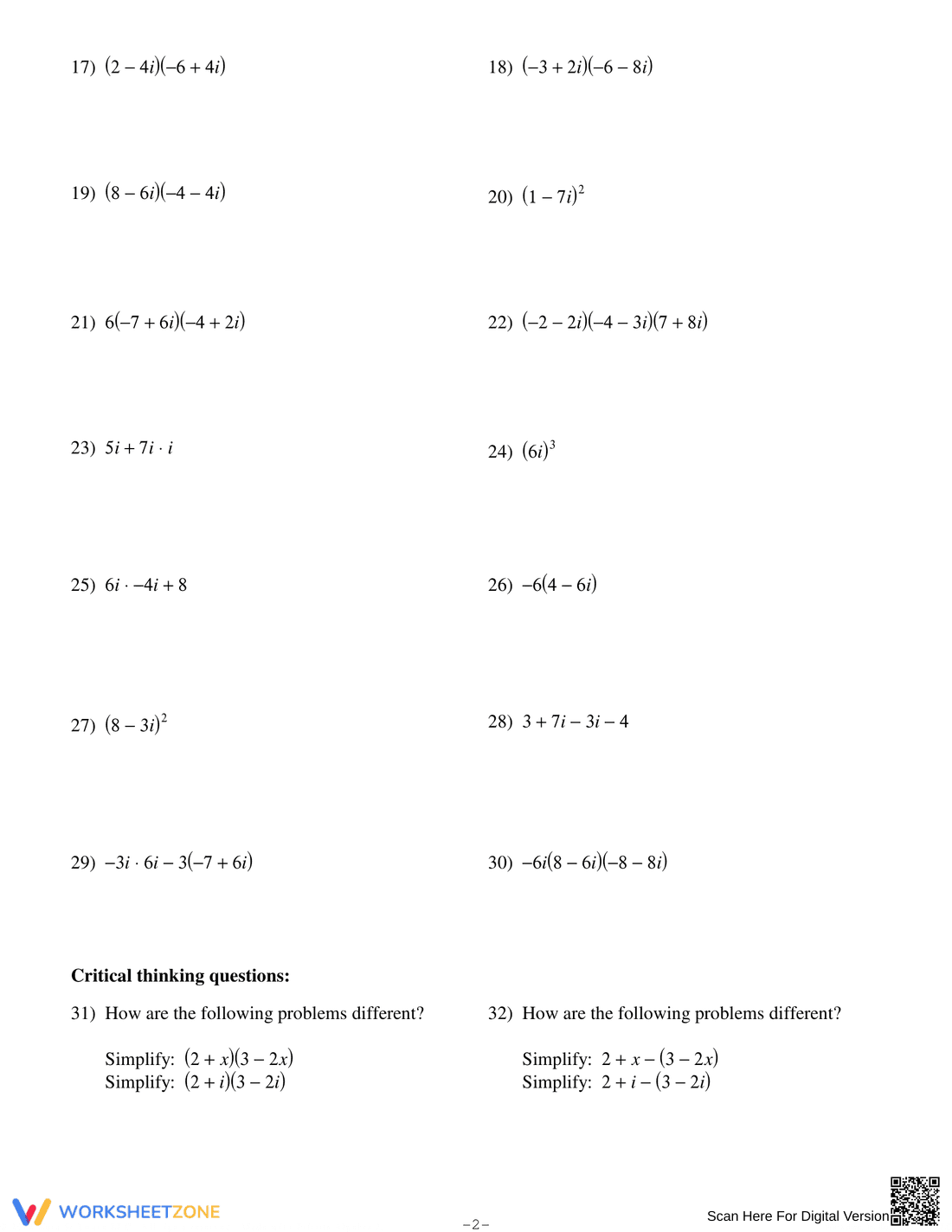 Operations with Complex Numbers Worksheet - Page 2