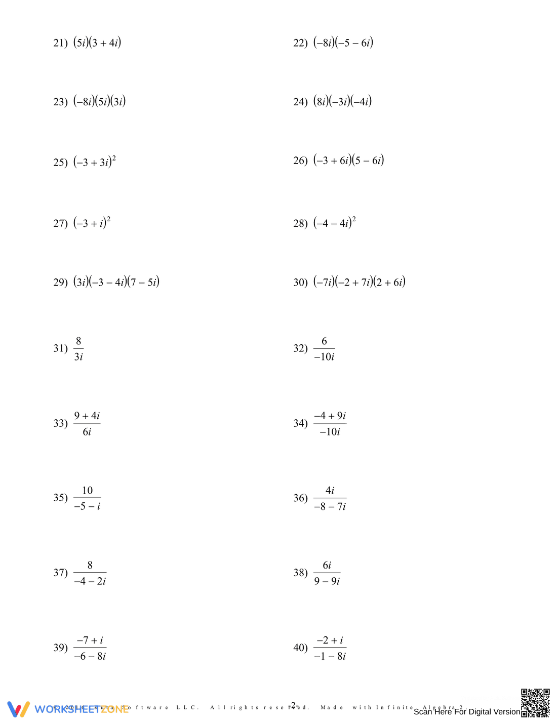 Practice Operations with Complex Numbers - Page 2