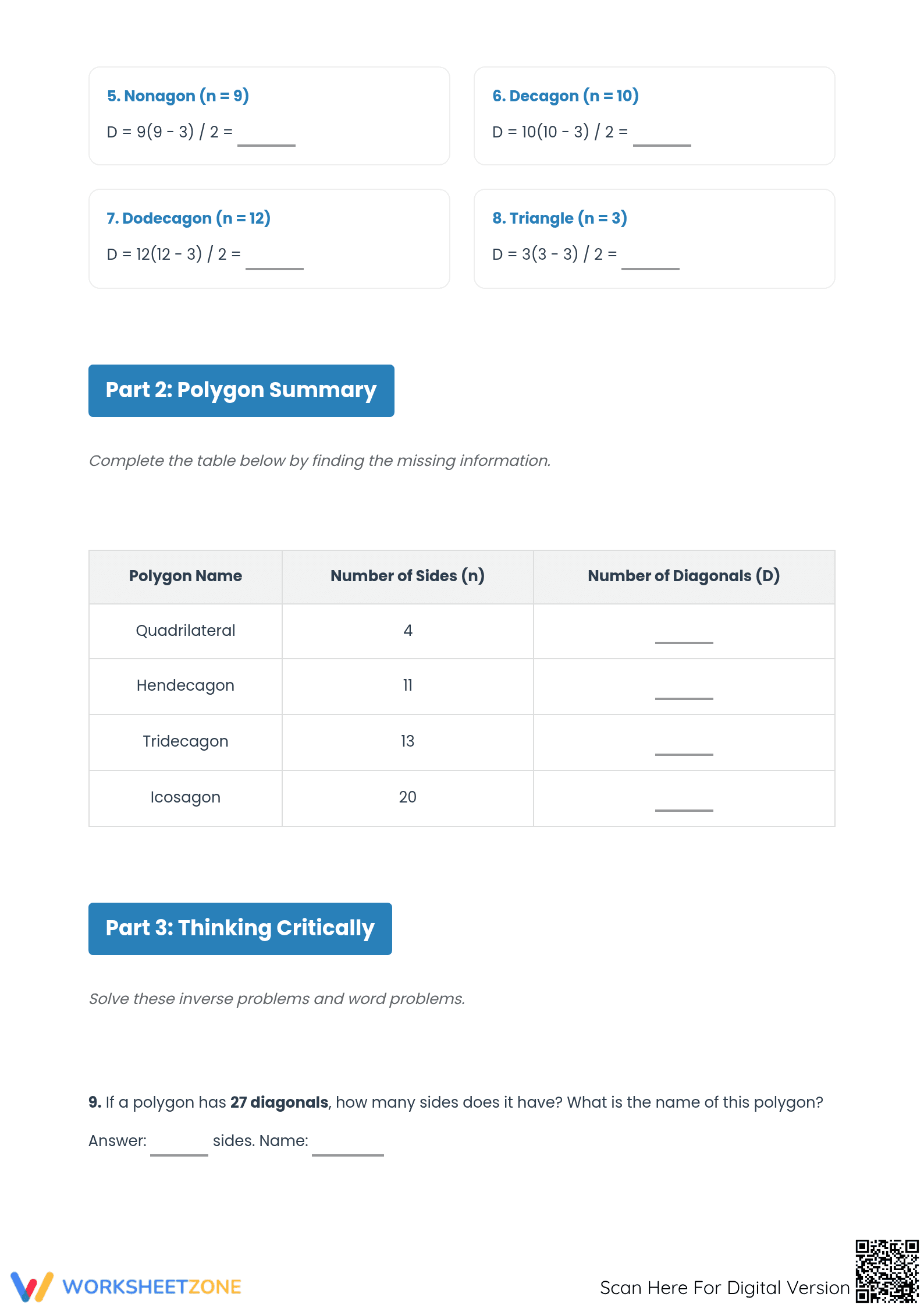 Essential Diagonal of a Polygon Formula Worksheet | Grade 7 - Page 2