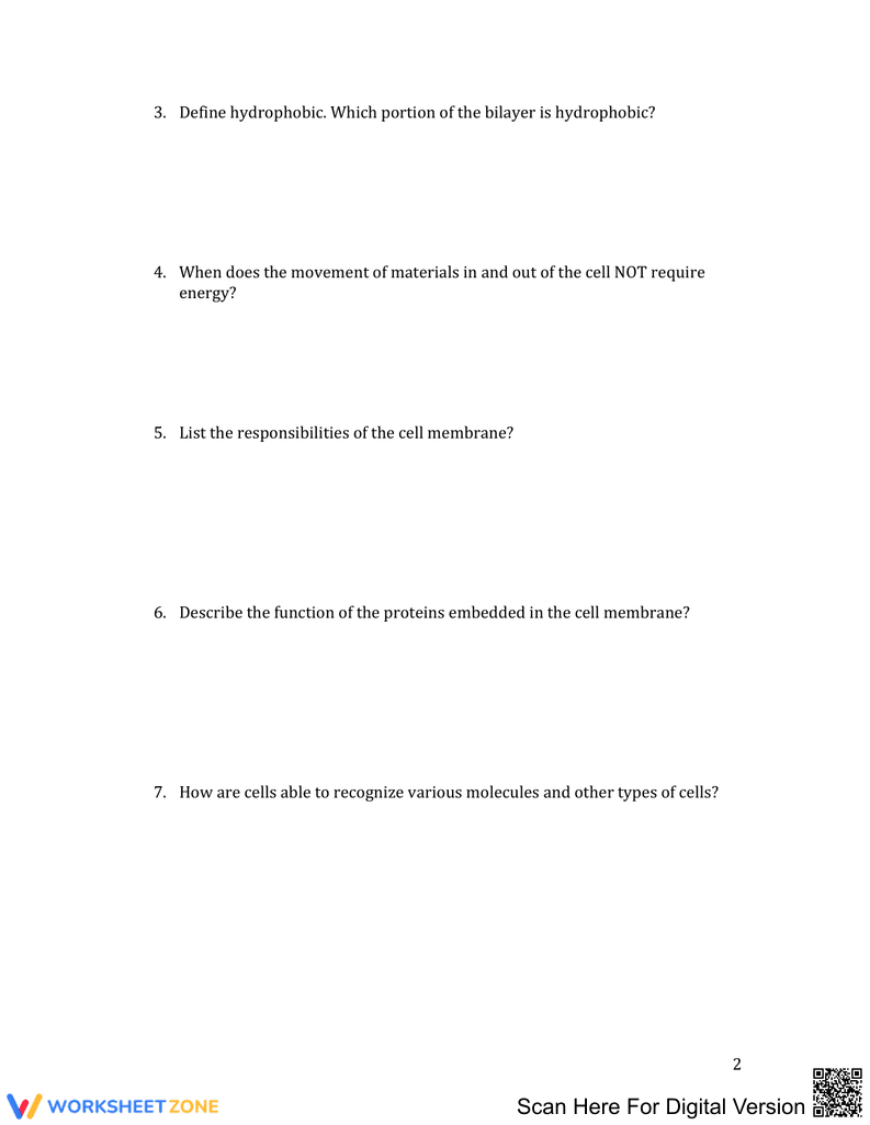 Cell Membrane Structure and Function Worksheet - Page 2