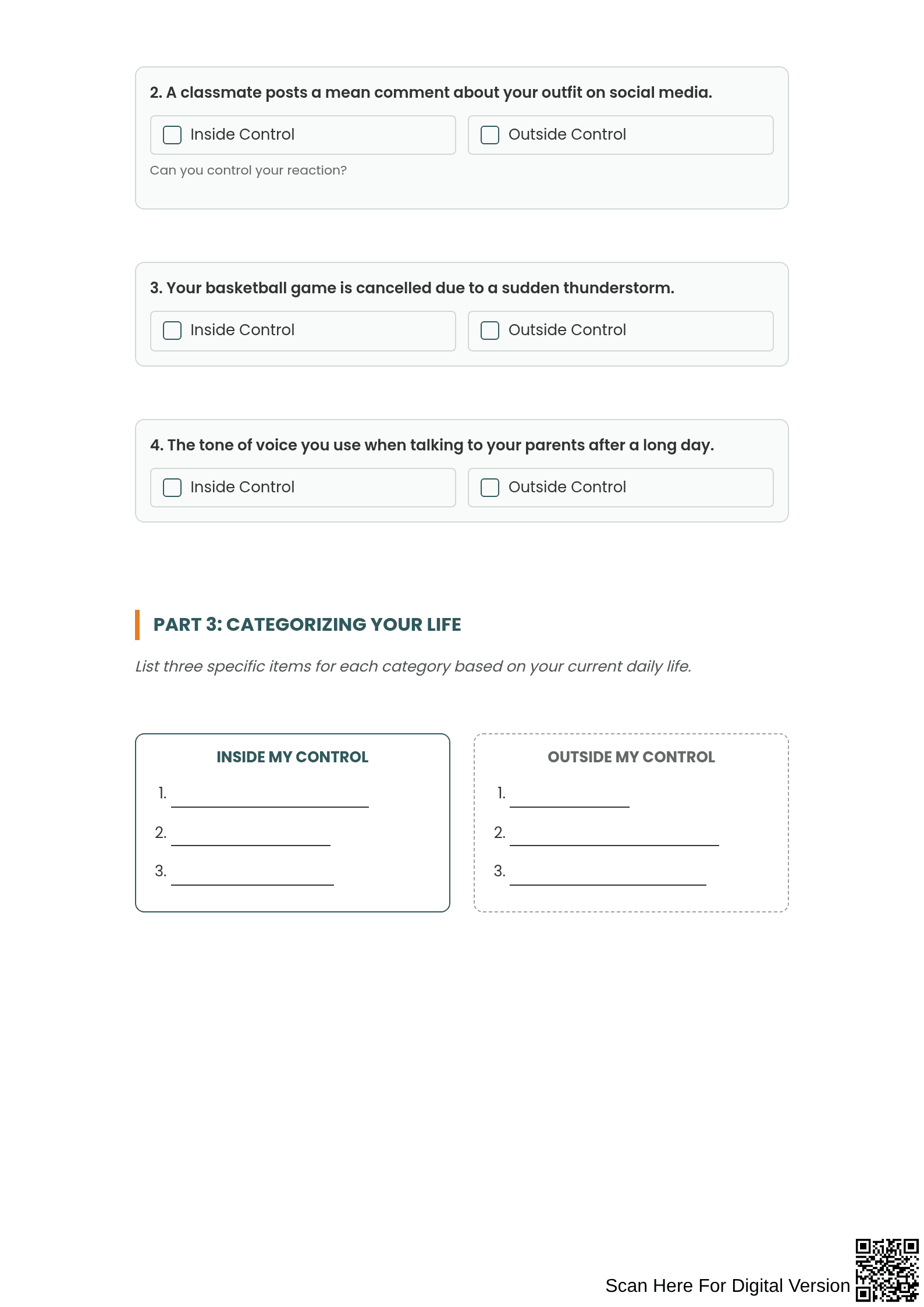Circle of Control Worksheet | Grade 7-9 Essential - Page 2