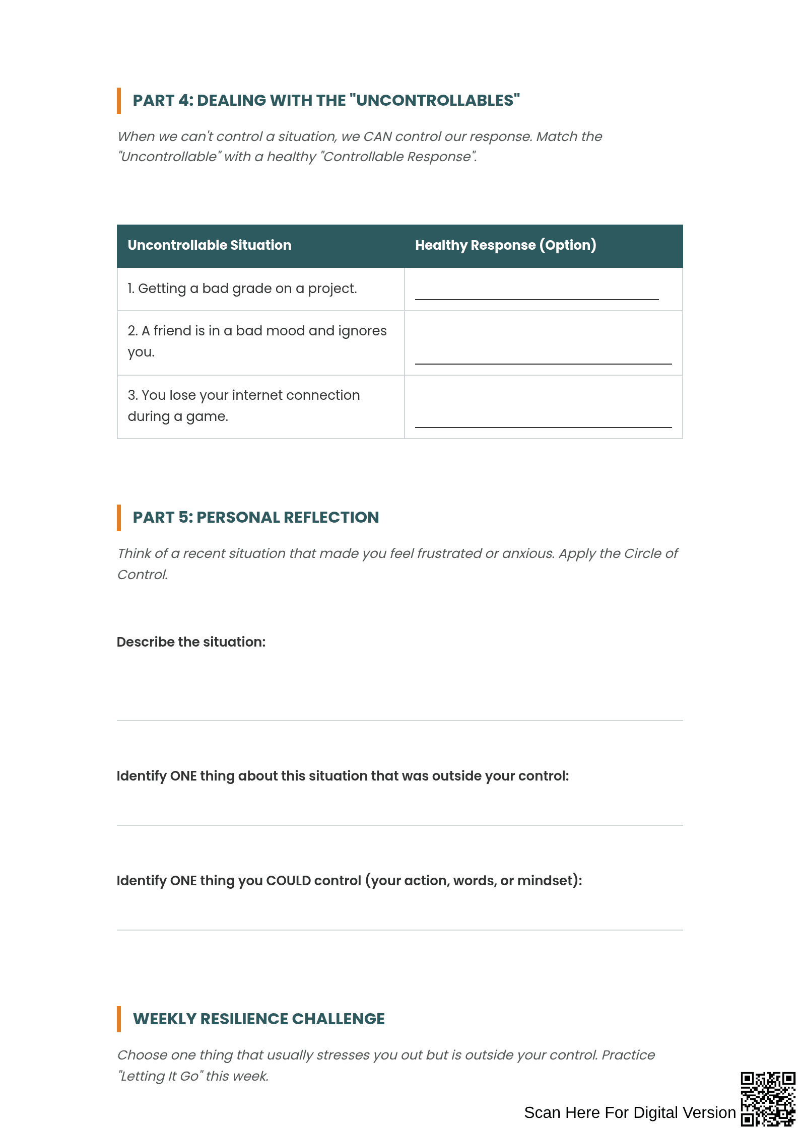 Circle of Control Worksheet | Grade 7-9 Essential - Page 3