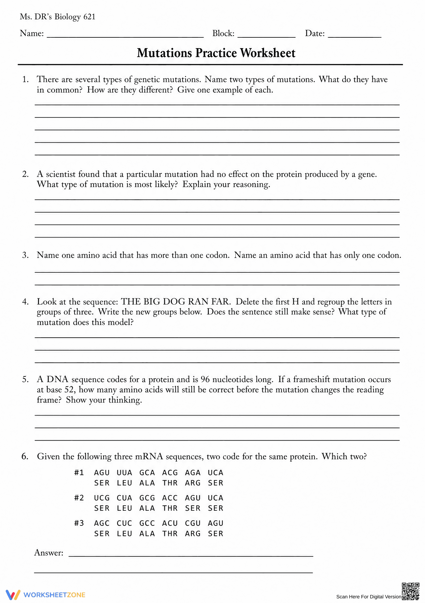 Printable DNA Mutations Worksheet | Grade 10 Biology - Page 2