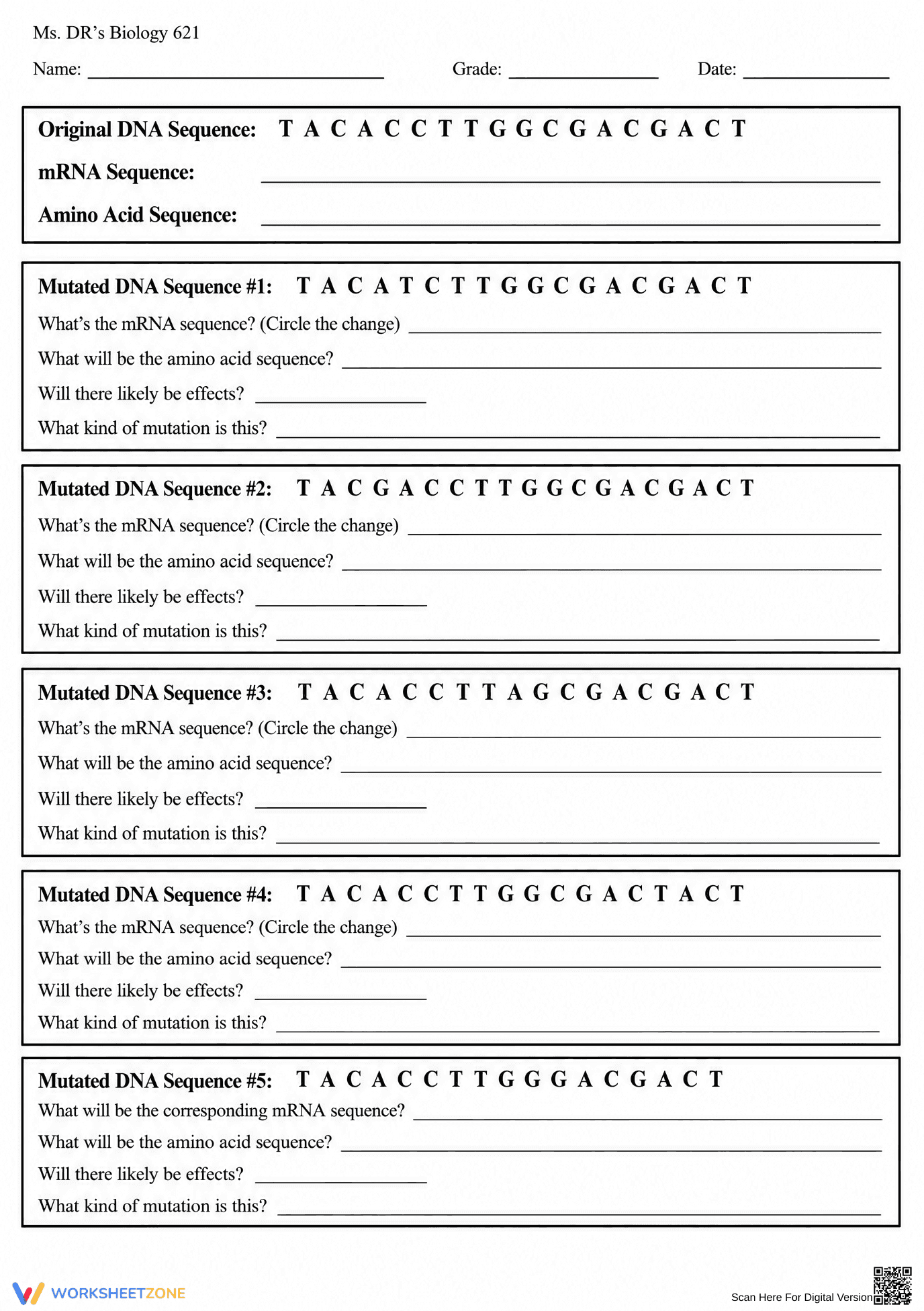 Printable DNA Mutations Worksheet | Grade 10 Biology - Page 3