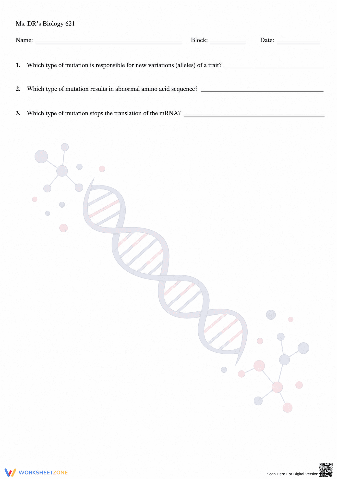 Printable DNA Mutations Worksheet | Grade 10 Biology - Page 4