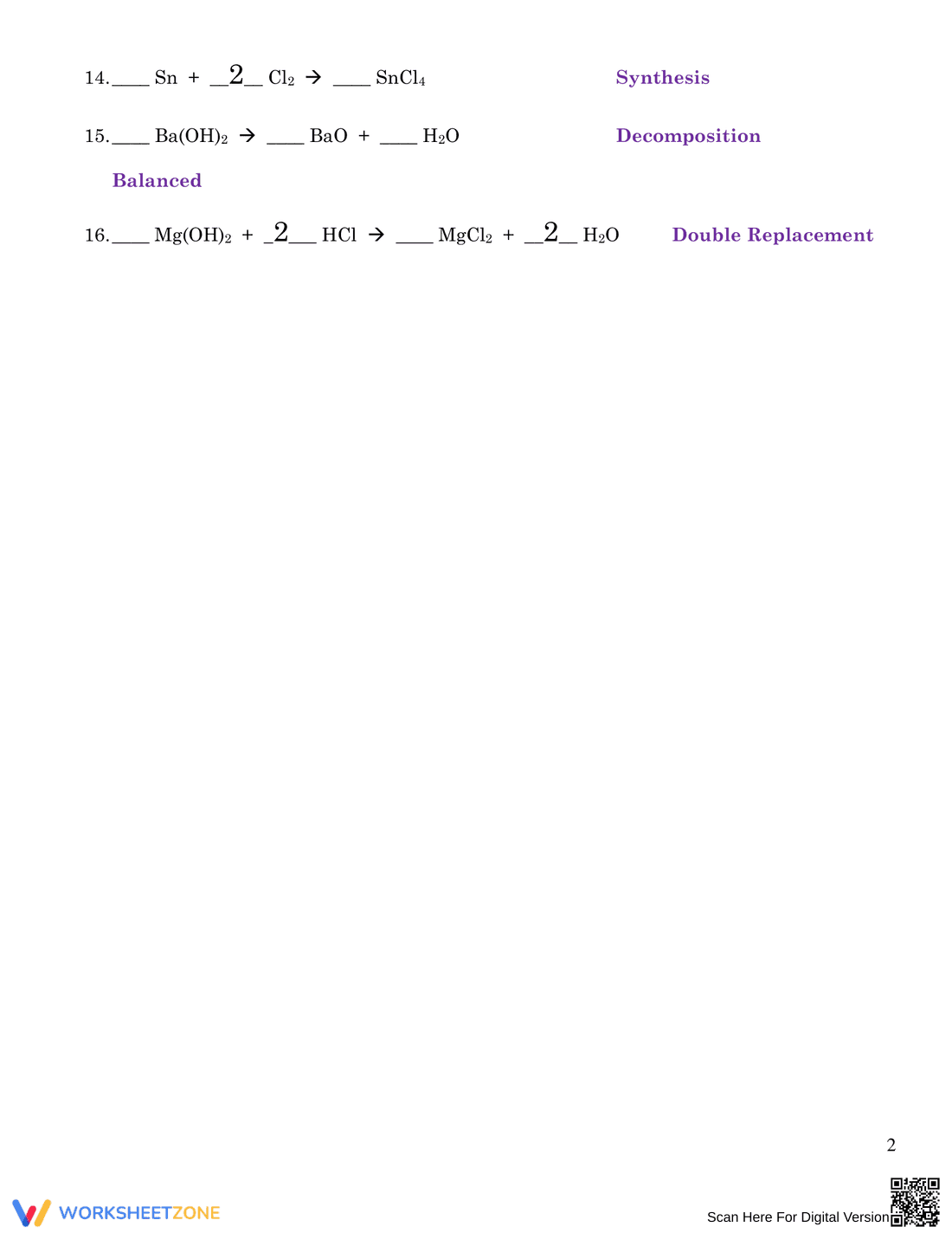 Balancing and Classifying Chemical Reactions - Page 2