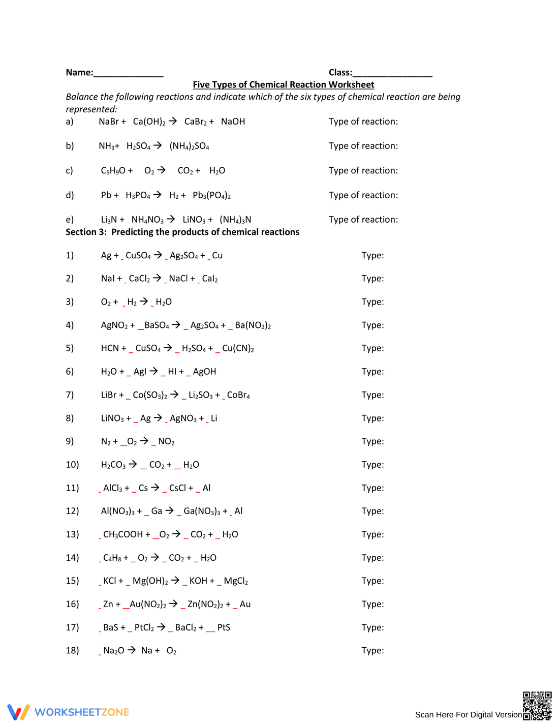 Types of Chemical Reaction Worksheet with Answers - Page 2