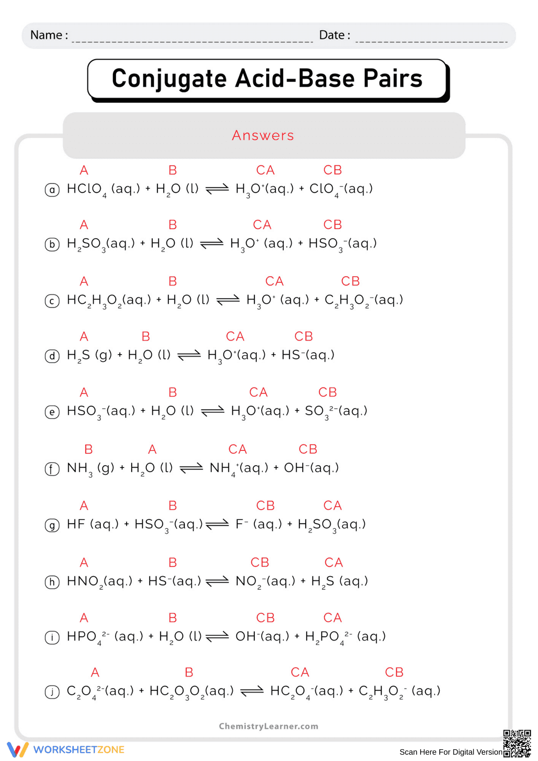 Conjugate Acid and Base Pairs Worksheet - Page 2