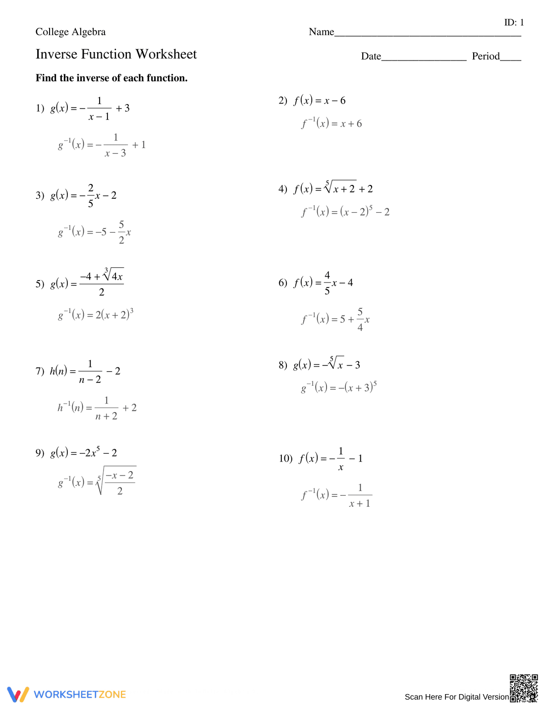 Inverse Function Practice Worksheet - Page 2