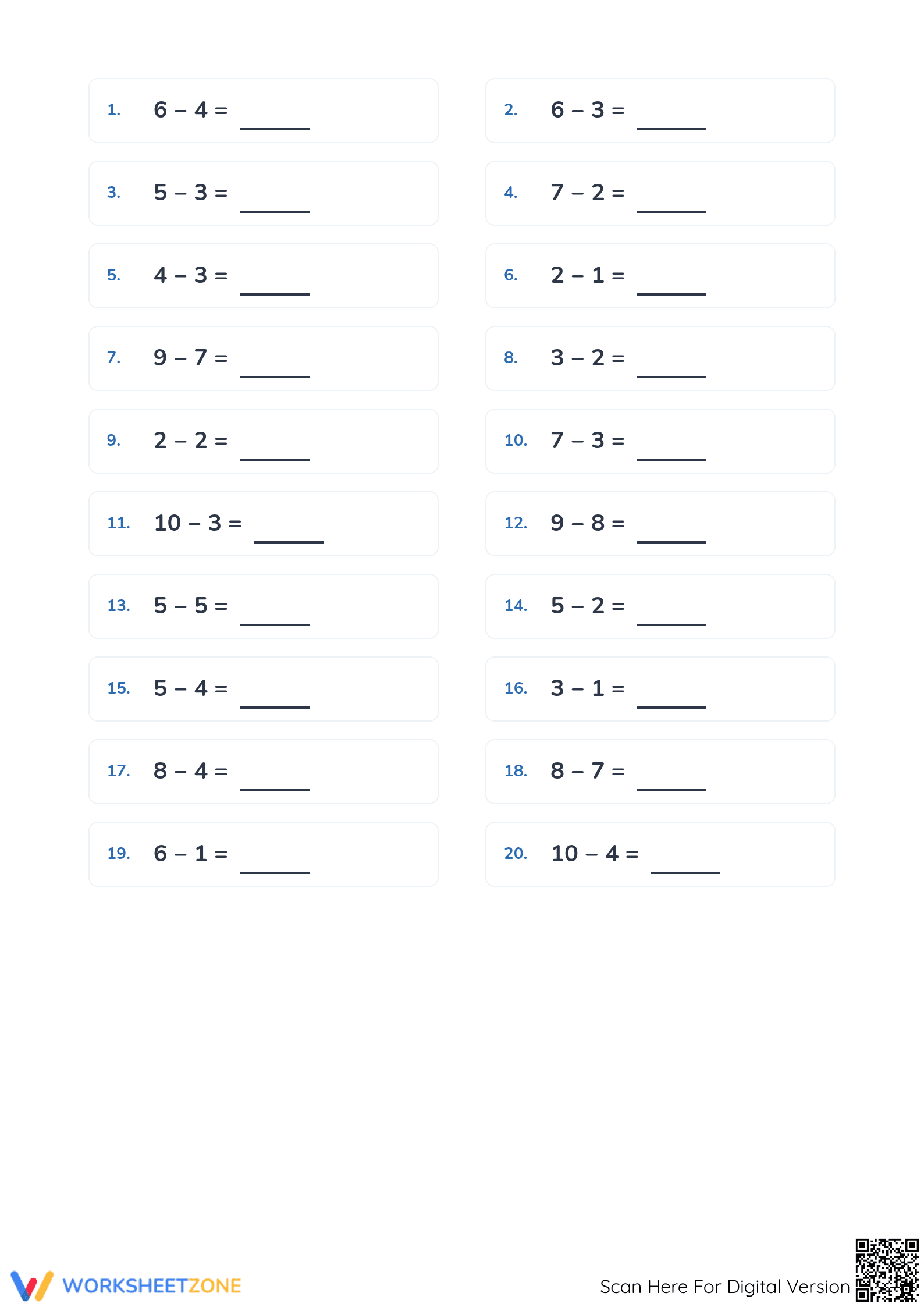 Printable 1-Digit Subtraction Worksheet | Grade 2-3 - Page 2