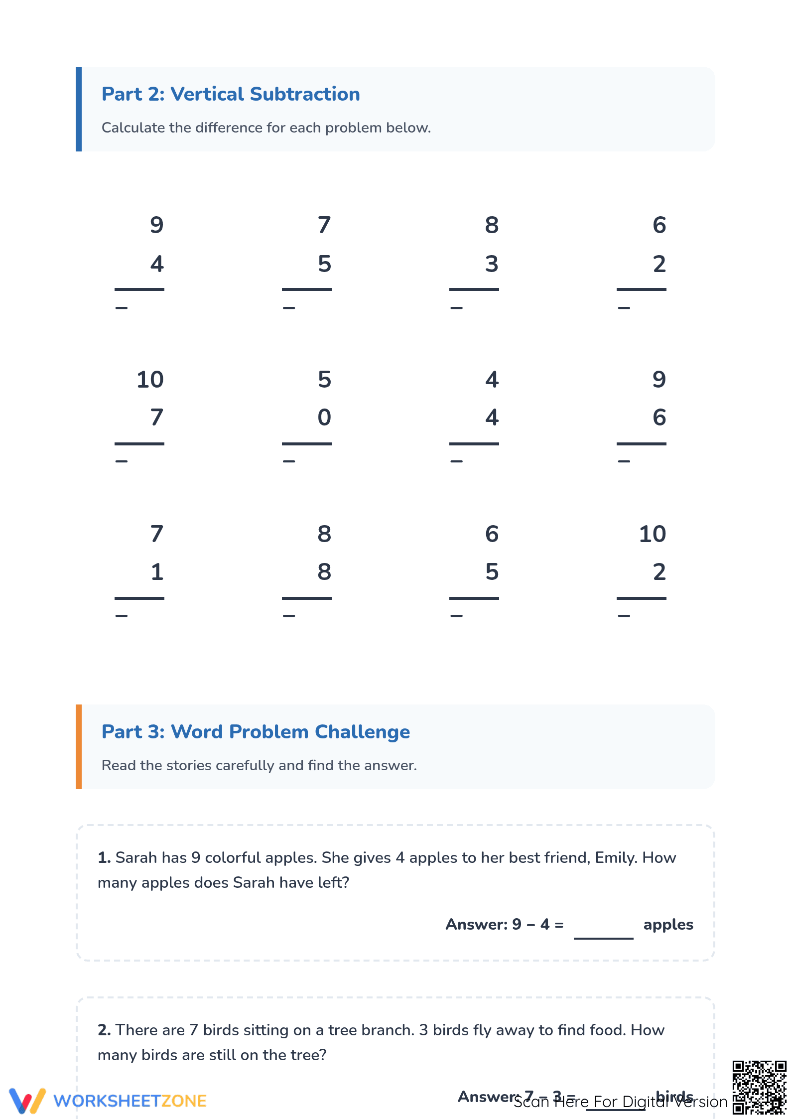 Printable 1-Digit Subtraction Worksheet | Grade 2-3 - Page 3