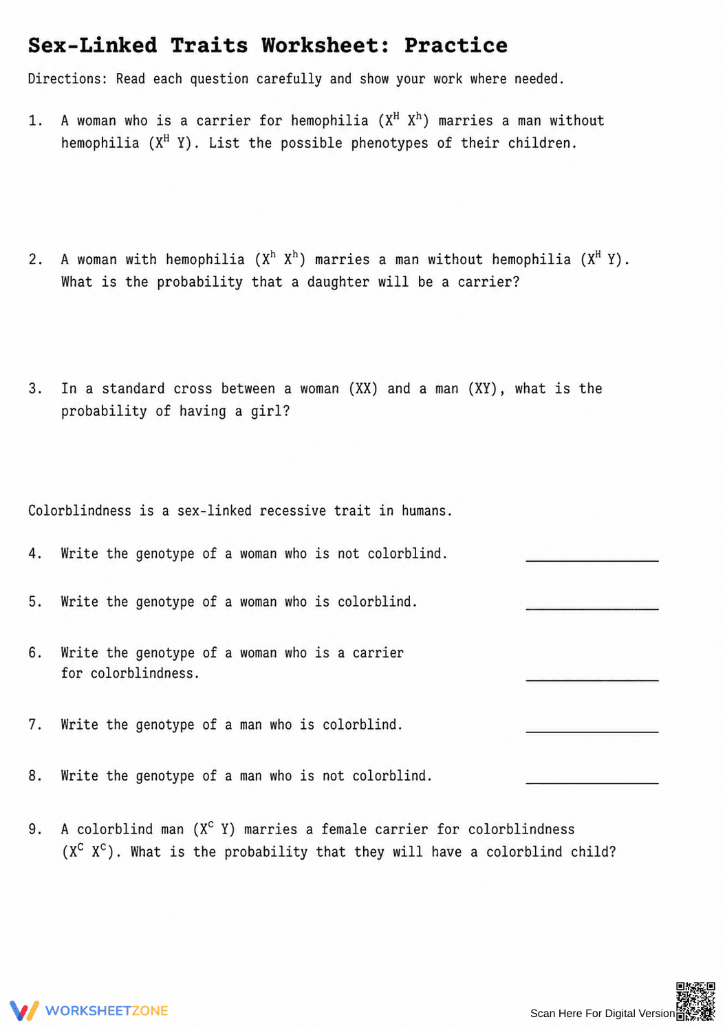 Printable Sex-Linked Traits Worksheet | Grade 9 Biology - Page 2
