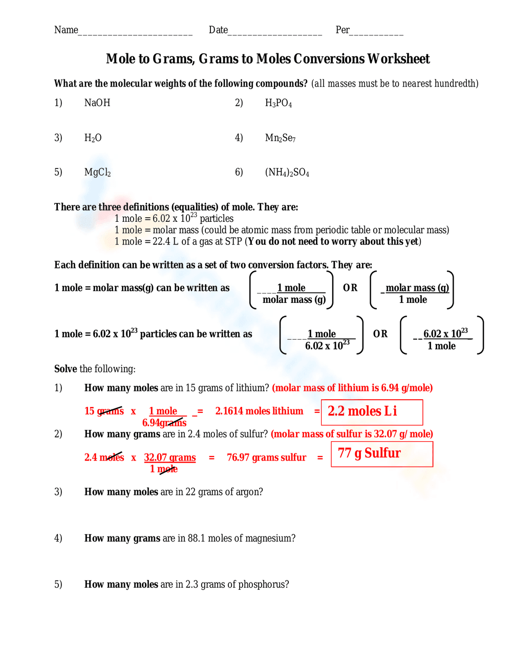 Convert Mole to Grams: Practice Chemistry Conversions - Page 2