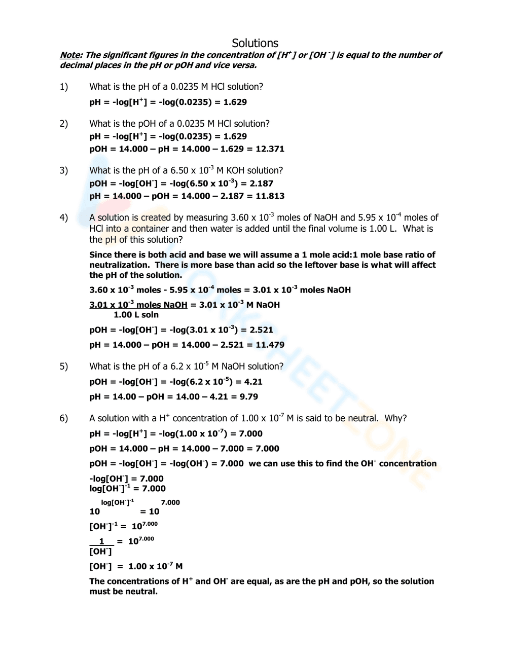 Worksheet: Calculating pH and pOH for Chemistry Students - Page 2
