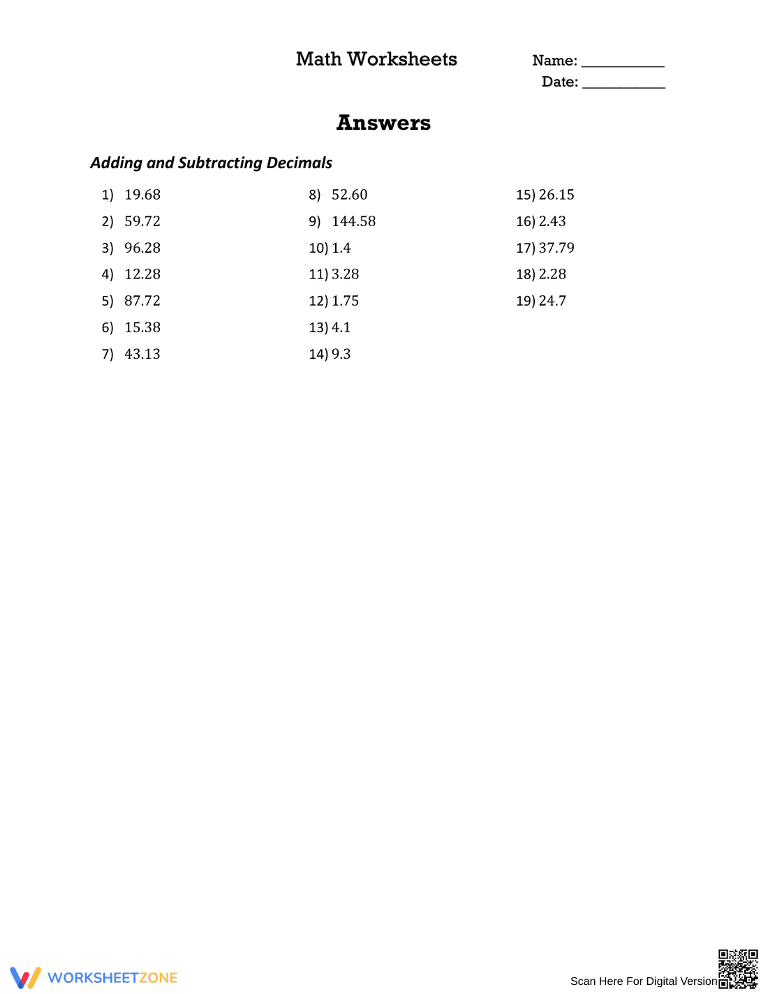 Decimal Addition & Subtraction - Page 2