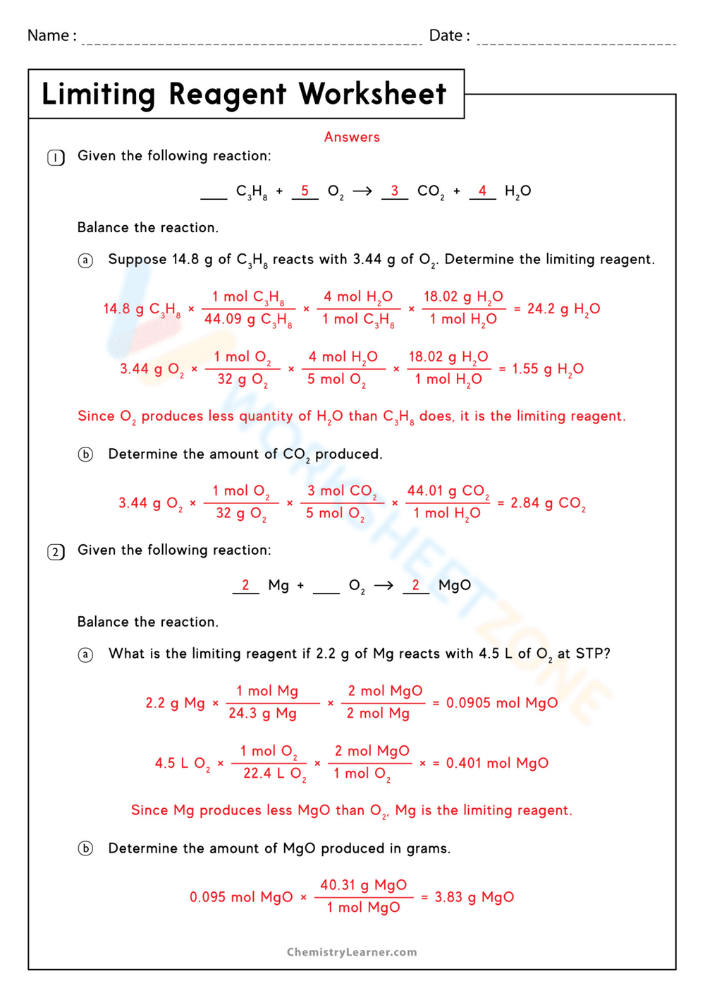 Limiting Reagent Worksheet for Chemistry - Page 2