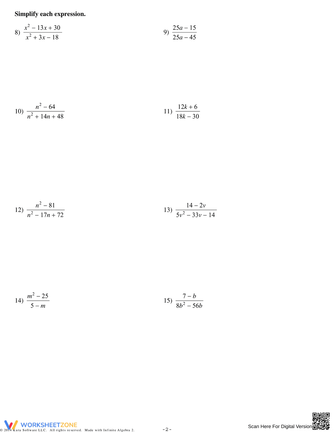 Worksheet on Simplifying Rational Expressions - Page 2