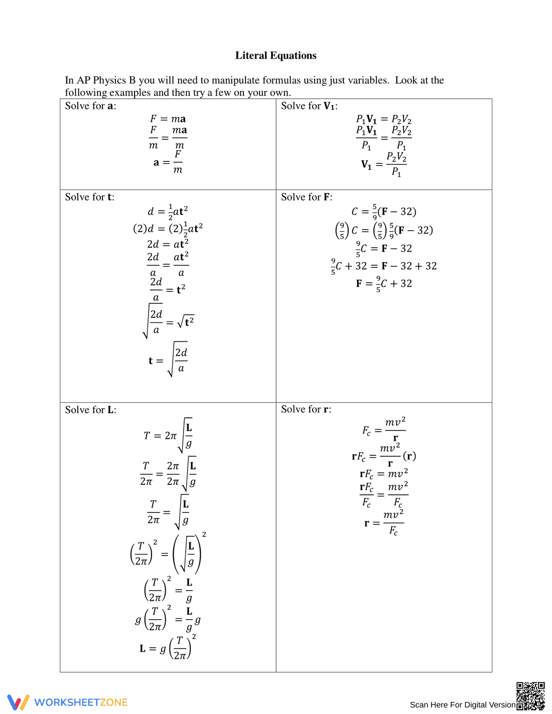 Algebra: Solving Literal Equations Worksheet - Page 3