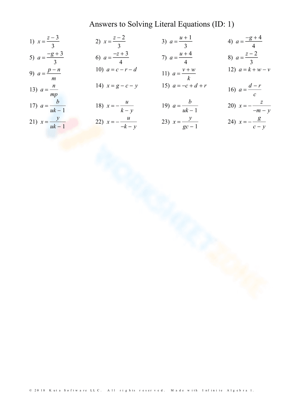 Solving Literal Equations 1 Worksheet - Page 2
