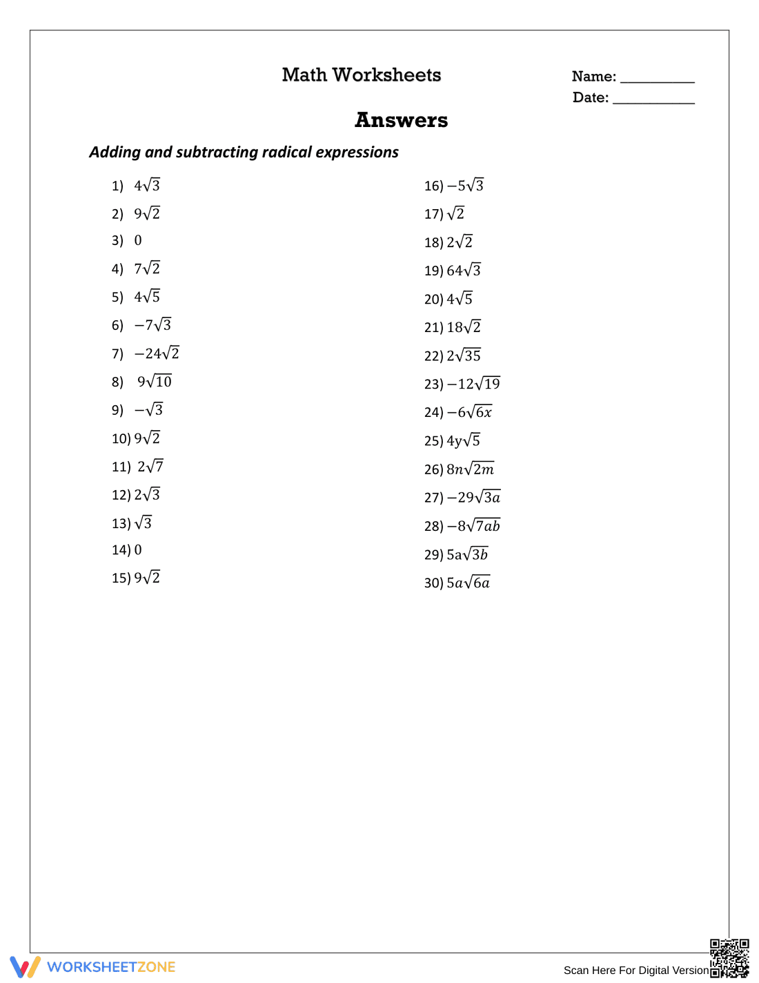 Adding and Subtracting Radical Expressions Worksheet - Page 2