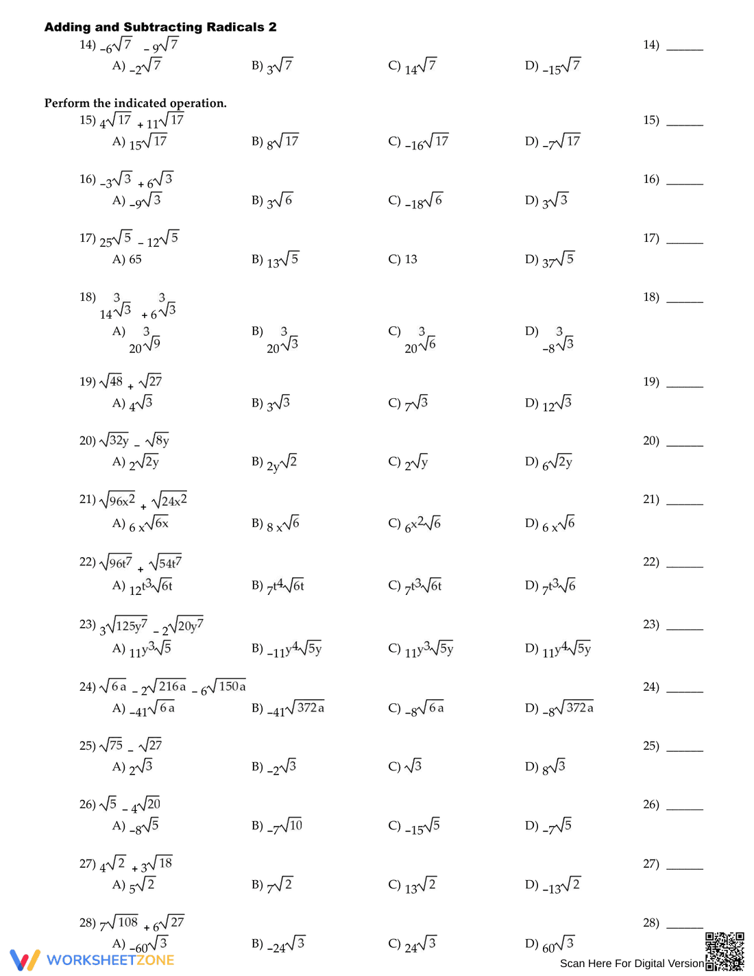 Adding and Subtracting Radicals Worksheet - Page 2