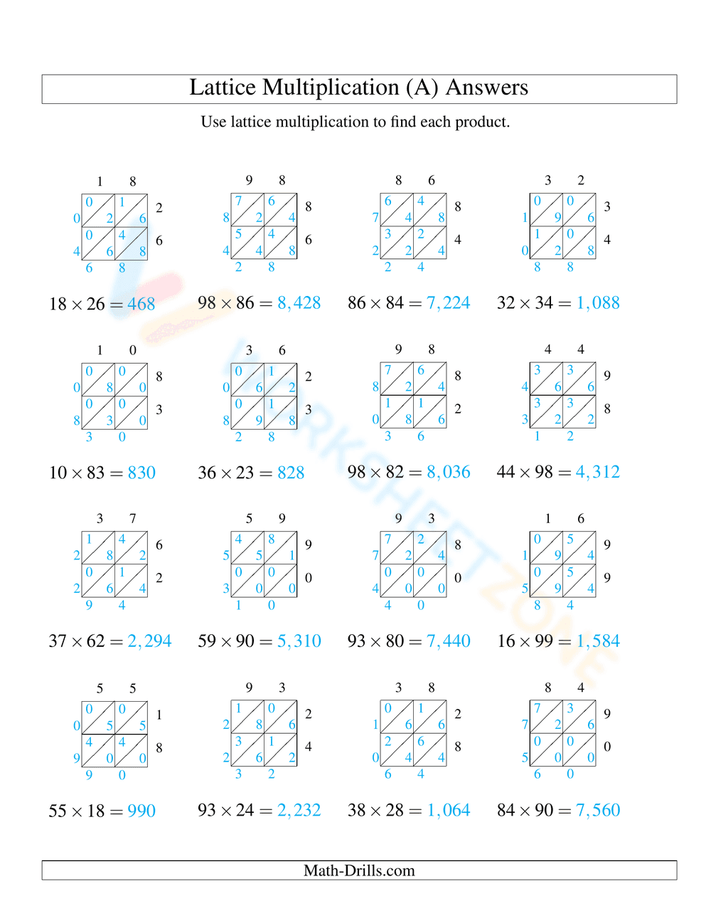 Lattice Multiplication A - Page 2