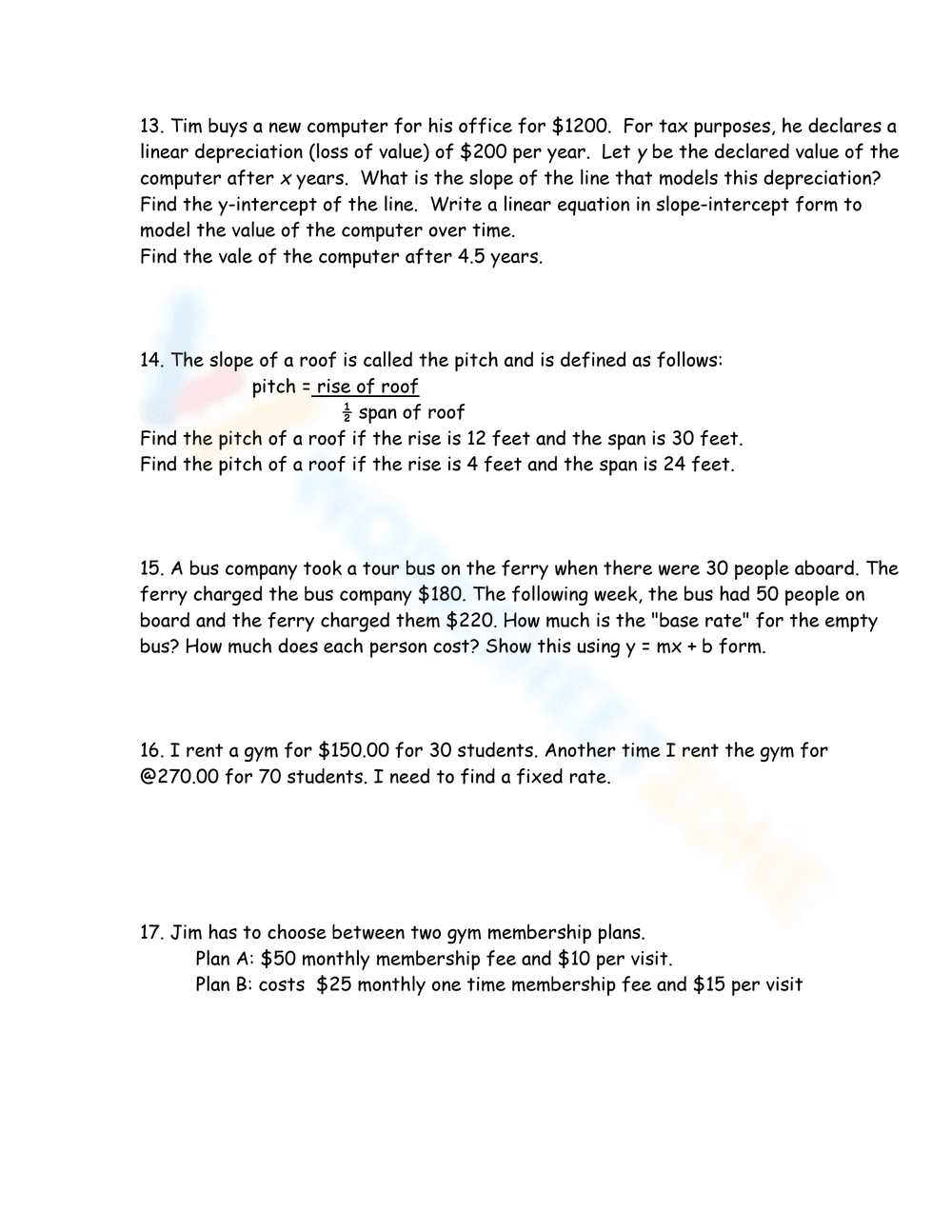 Y=mx+b Word Problems - Page 2