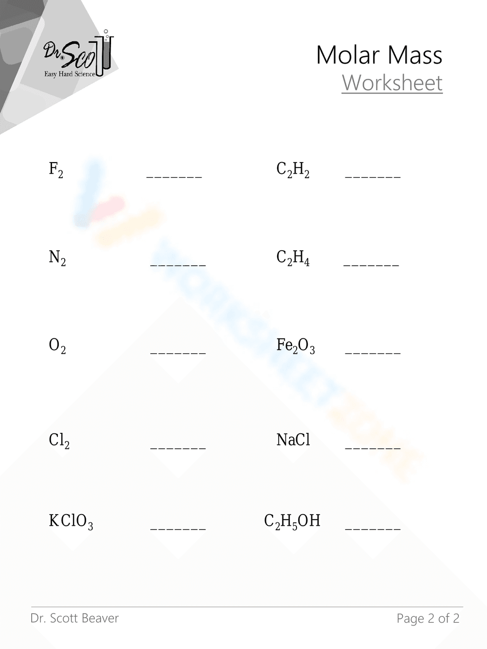 Calculate Molar Mass using this Worksheet - Page 2