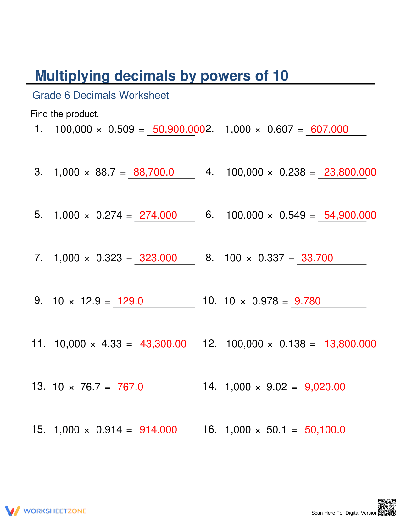 Multiplying Decimals by Powers of 10 Practice - Page 2