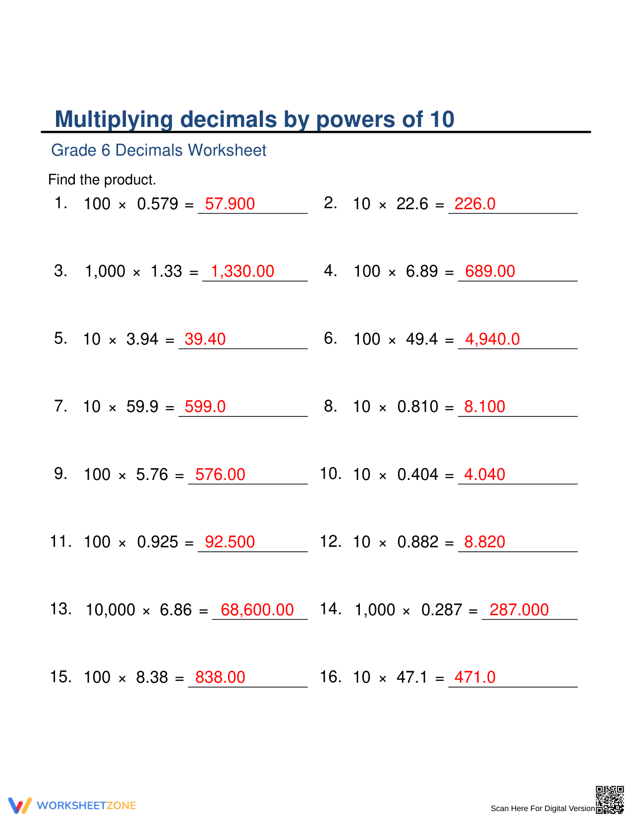 Multiplying by Powers of 10 Practice Sheet - Page 2