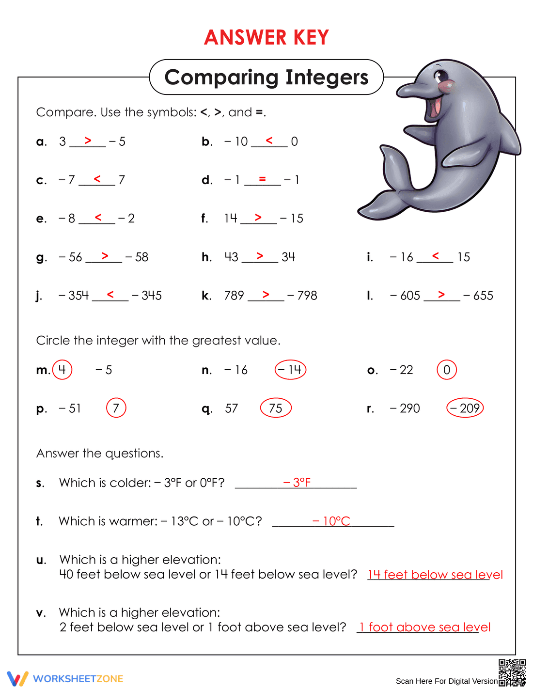 Comparing Integers Worksheet: Greater or Less - Page 2