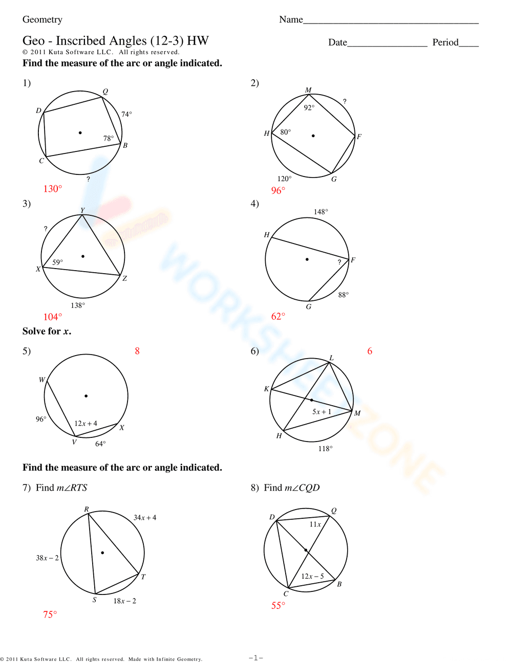 Practice with Inscribed Angles - Page 5