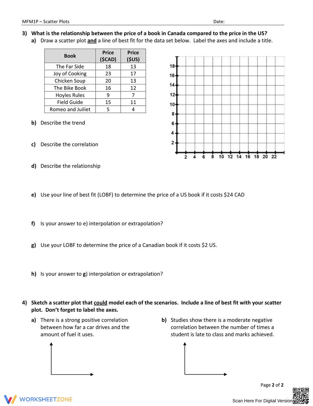 Line of Best Fit: Data Analysis Worksheet - Page 2