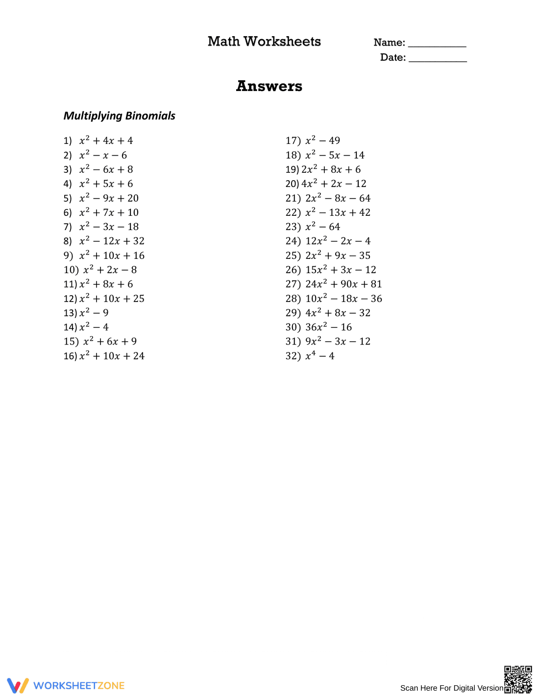 Worksheet on Multiplying Binomials Algebra - Page 2
