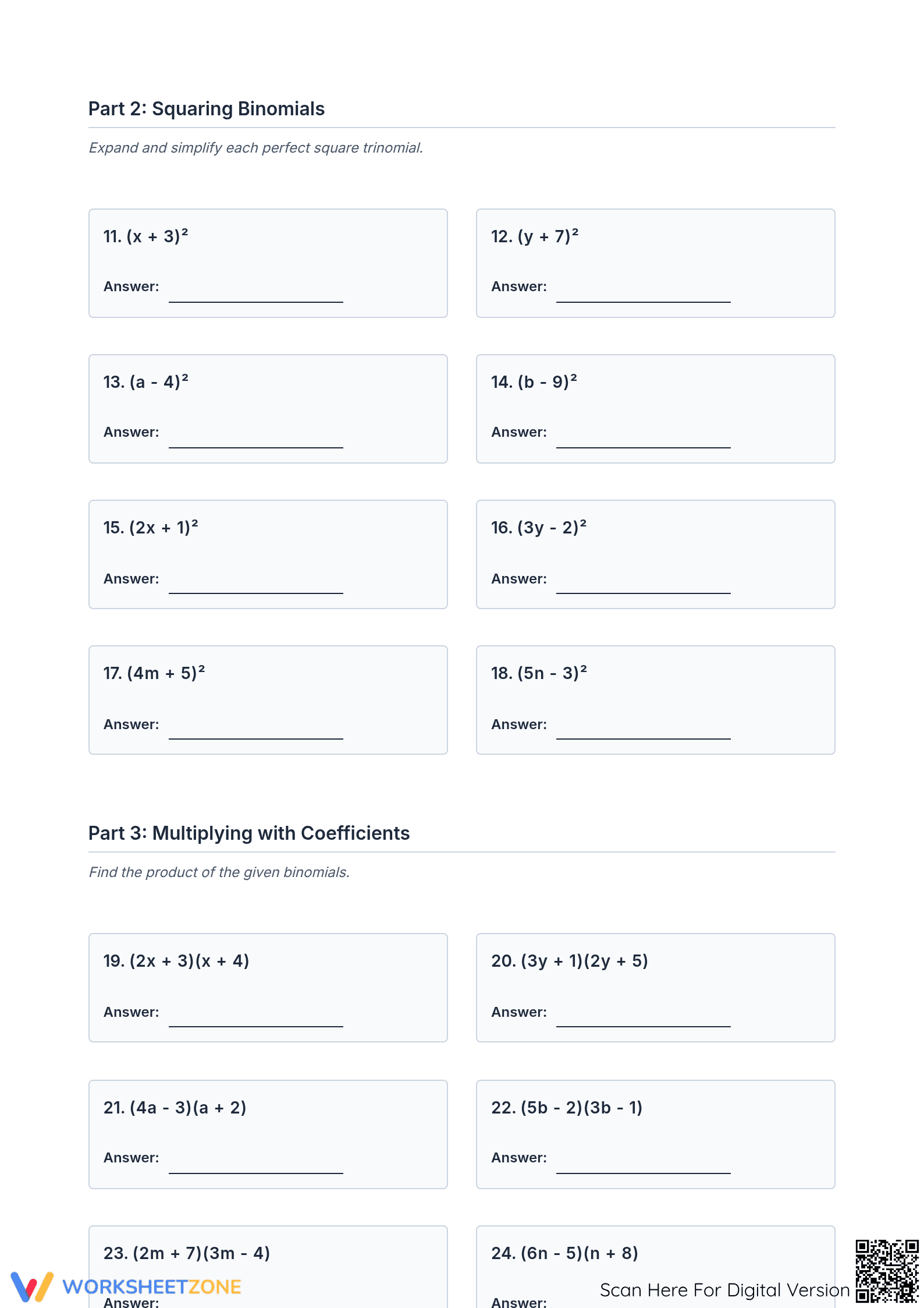 Printable Multiplying Binomials Worksheet | Algebra Ready - Page 2