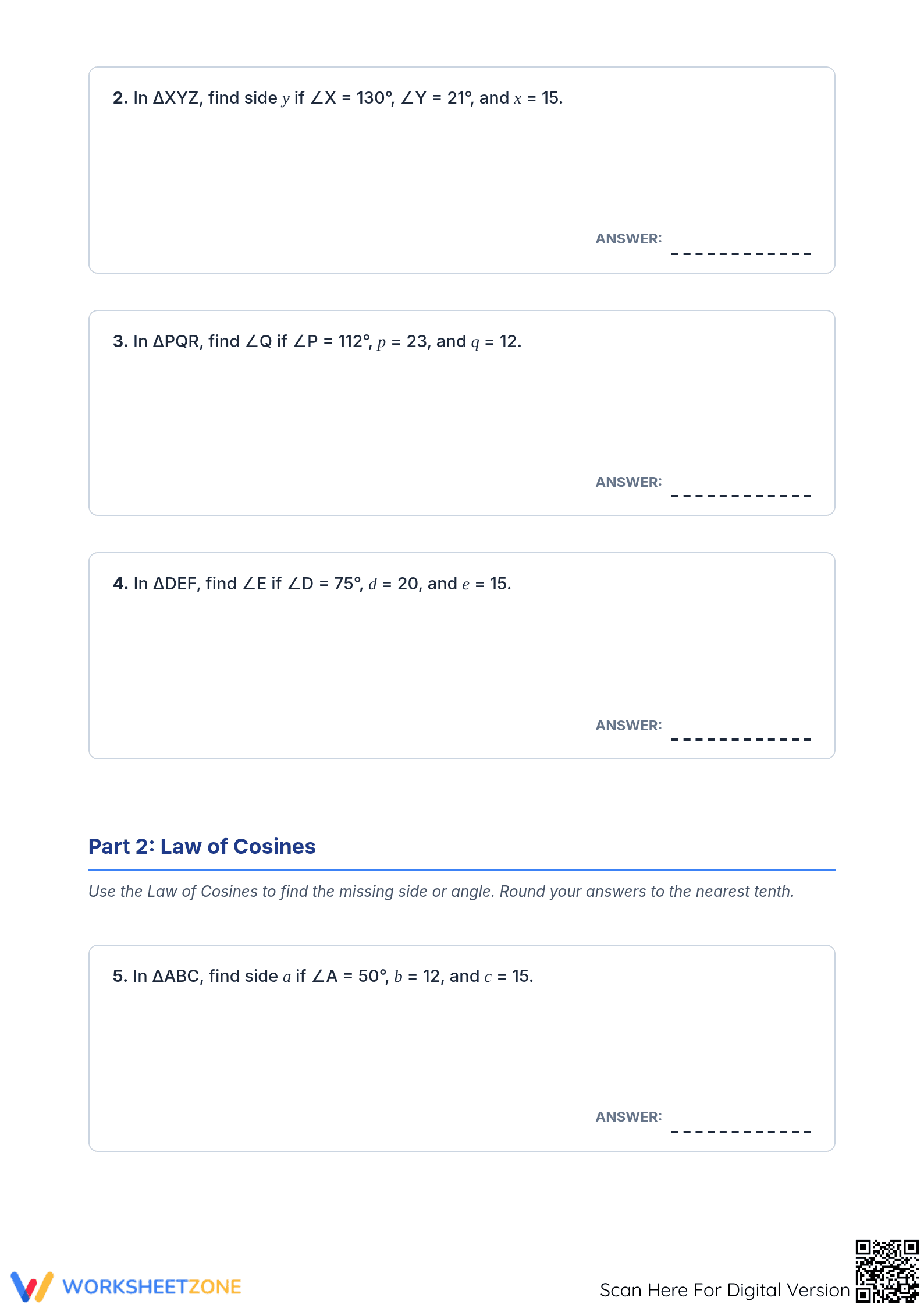 Law of Sines and Cosines Review Worksheet | Essential Math - Page 2