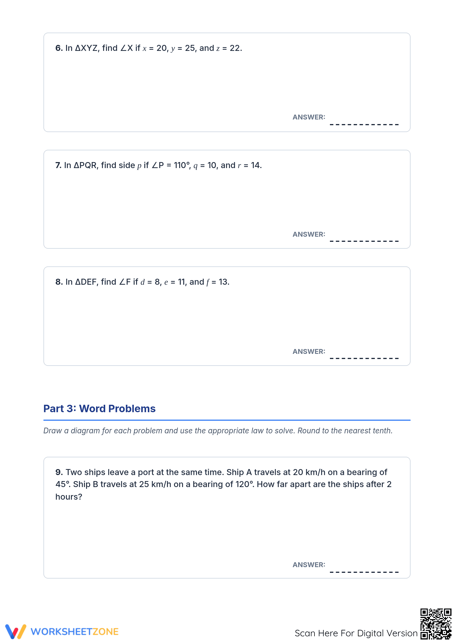 Law of Sines and Cosines Review Worksheet | Essential Math - Page 3